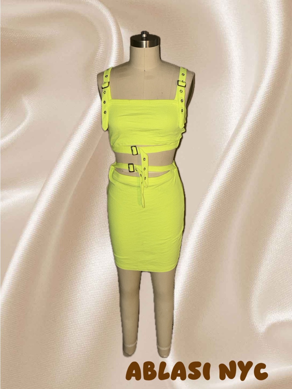 Neon Lime Buckle Detail Bodycon Skirt